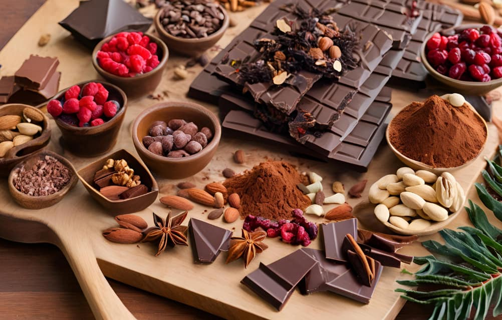 AI-generated image of antioxidant-rich foods including cocoa bars, cocoa powder, cocoa nibs, cinnamon, anise, berries, and nuts.