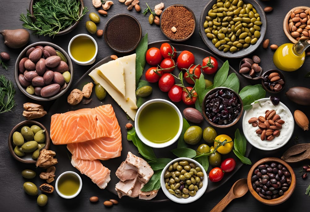 Anti-inflammatory foods including olives, olive oil, cocoa, fresh fruits and vegetables, seaweed, turmeric, green tea, coffee, wine, fish, lean meat, cheese, legumes, beans, yogurt, and nuts arranged on a table.