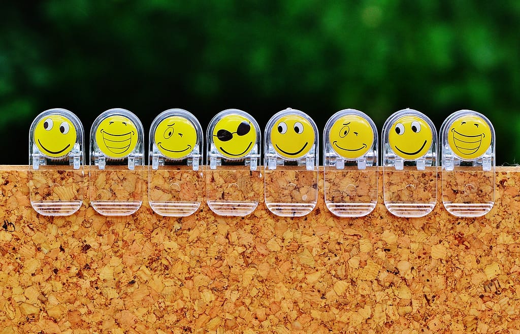 A paraffin board with multiple clips, each holding a different emoticon, symbolizing the fluidity of identity and how emotions and expressions shift with context.