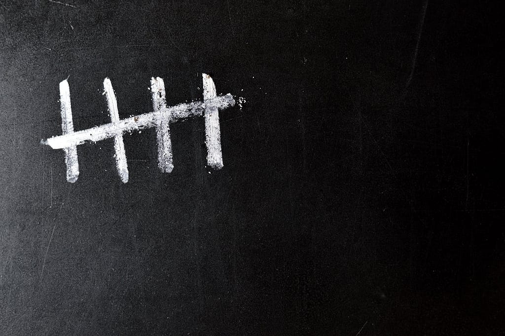 A blackboard with white chalk tally marks showing five strikes, four of which are crossed.