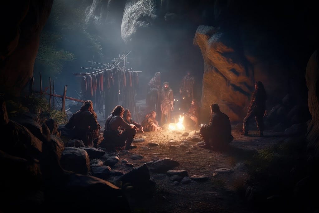 Cavemen sitting around a fire, illustrating early human adaptation to changing food availability and metabolic flexibility.