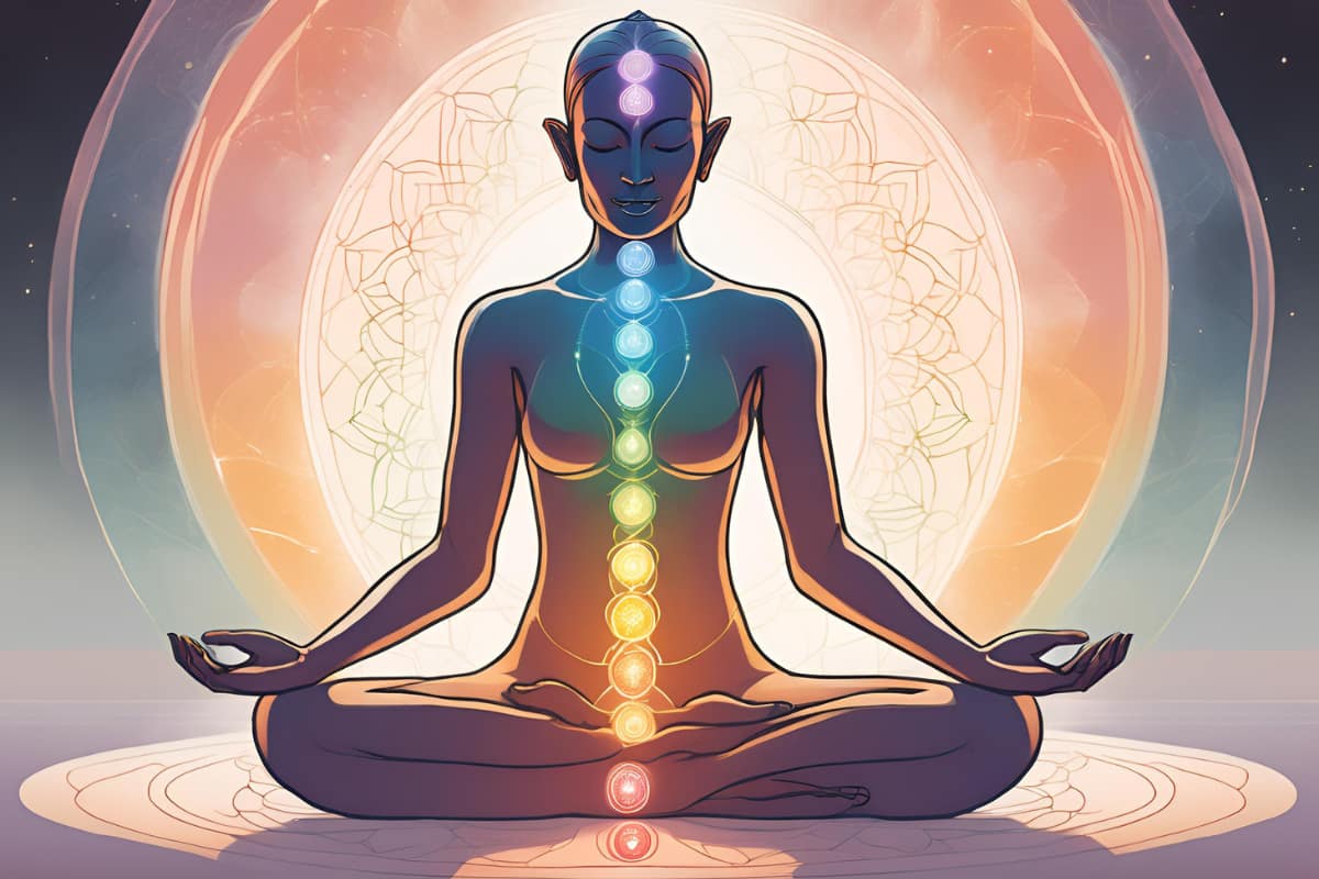 Silhouette of a person in lotus pose with seven chakras glowing in different colors along the spine