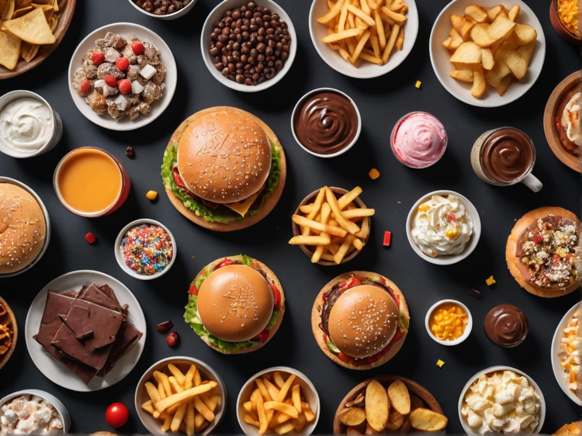 Assortment of junk food including burgers, sodas, candy, and chips causing dopamine hijacking