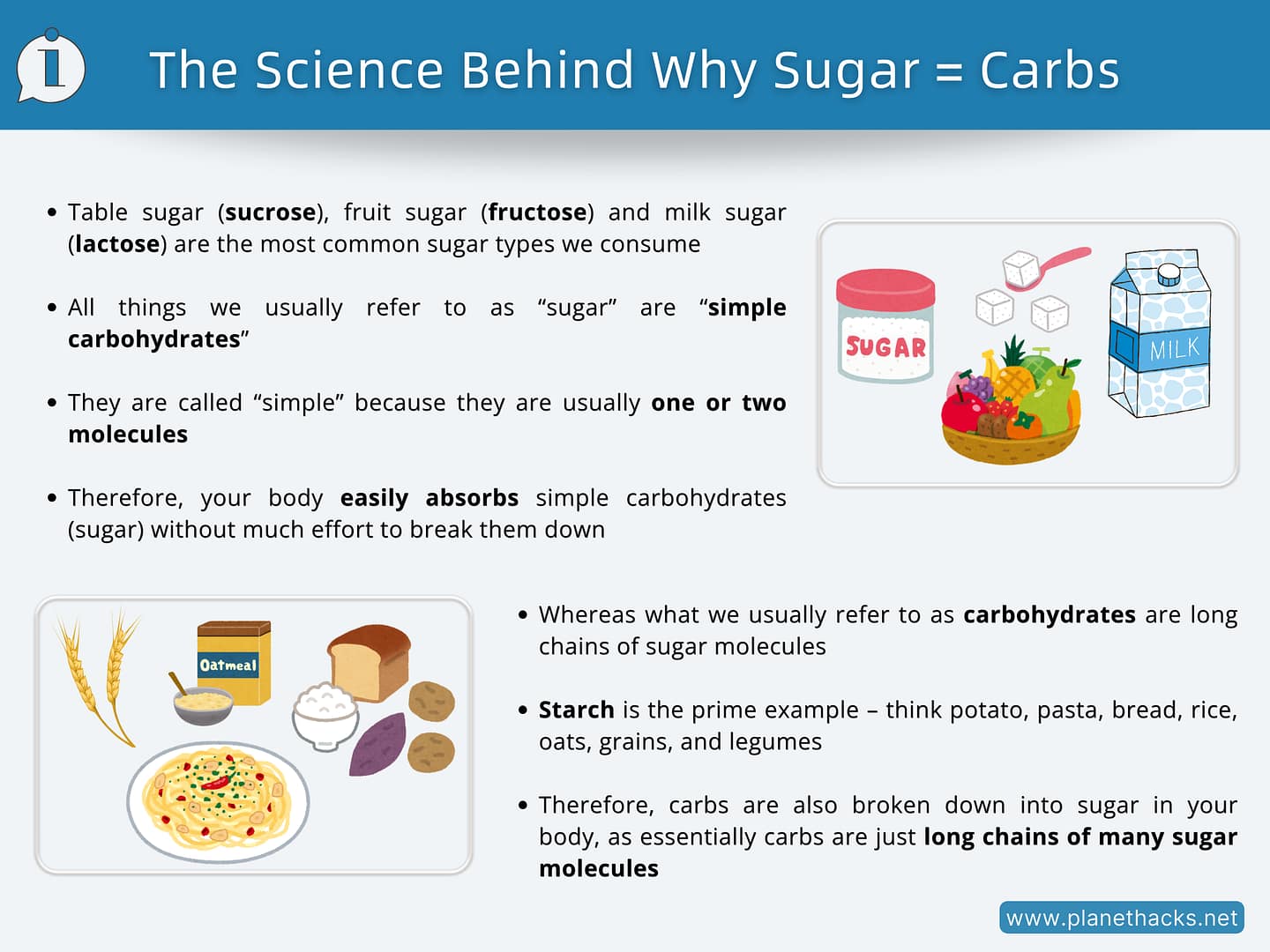Infographic explaining how carbs and sugar are connected, highlighting simple sugars and carbohydrates with illustrations of food like fruits, sugar, milk, bread, and pasta.