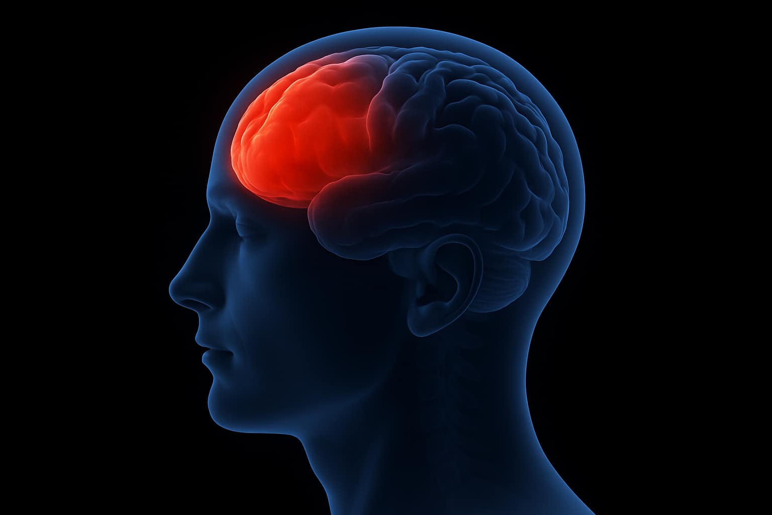 Side-profile illustration of a human head with the prefrontal cortex (PFC) highlighted in red-orange, representing its role in self-control, discipline, and goal-directed behavior.
