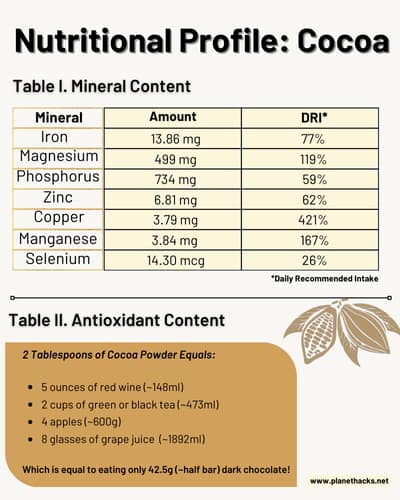 Infographic showing the nutritional profile of cocoa powder, highlighting its mineral content, antioxidant benefits, and comparisons with common foods like red wine, tea, apples, and grape juice.