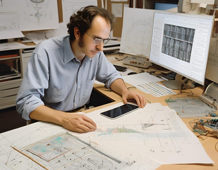Male inventor sitting at a desk with a half-built invention, data-filled papers, and a computer displaying designs and data.