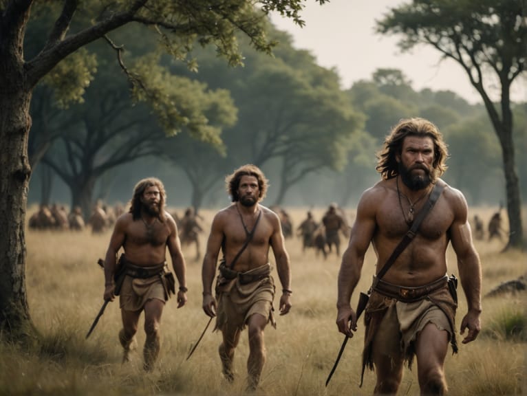 Three cavemen hunting in a grassy landscape, equipped with simple weapons, surrounded by sparse trees under an open sky.