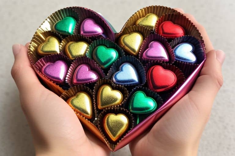 Heart-shaped box of chocolates with colorful heart-shaped wrapped chocolates inside, held by a person