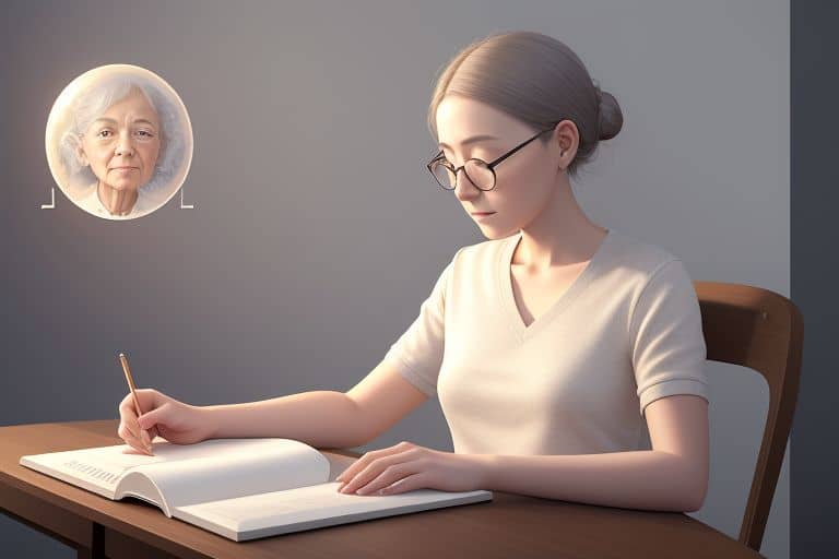 Young woman journaling with a thought bubble picturing her future self as an older woman.
