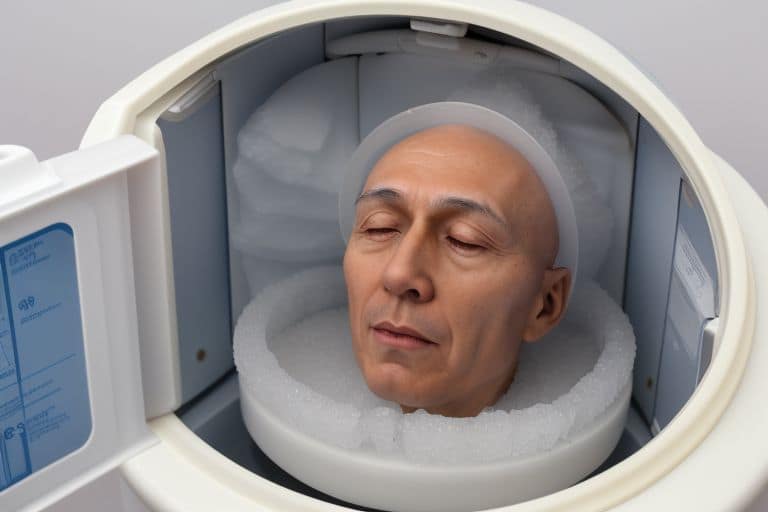 A cryogenically frozen head preserved inside a futuristic capsule, representing current scientific developments aimed at potential revival and life extension.