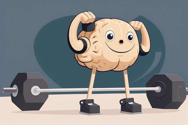 An AI-generated image of a smiling brain with stick arms and legs, flexing its muscles at the gym after lifting weights, which are now lying on the floor.