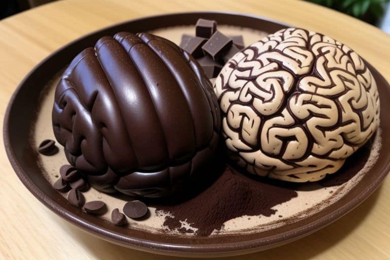 Dark and white chocolate brains with chocolate squares, cocoa powder, and cocoa beans.