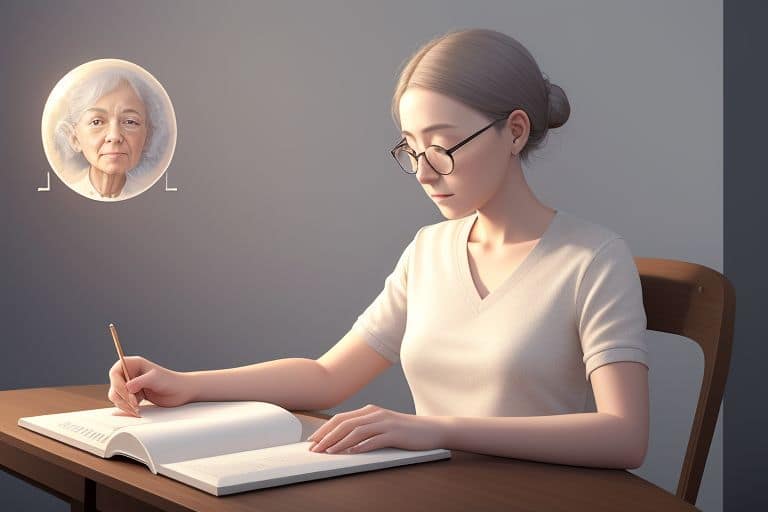 Young woman journaling with a thought bubble picturing her future self as an older woman.