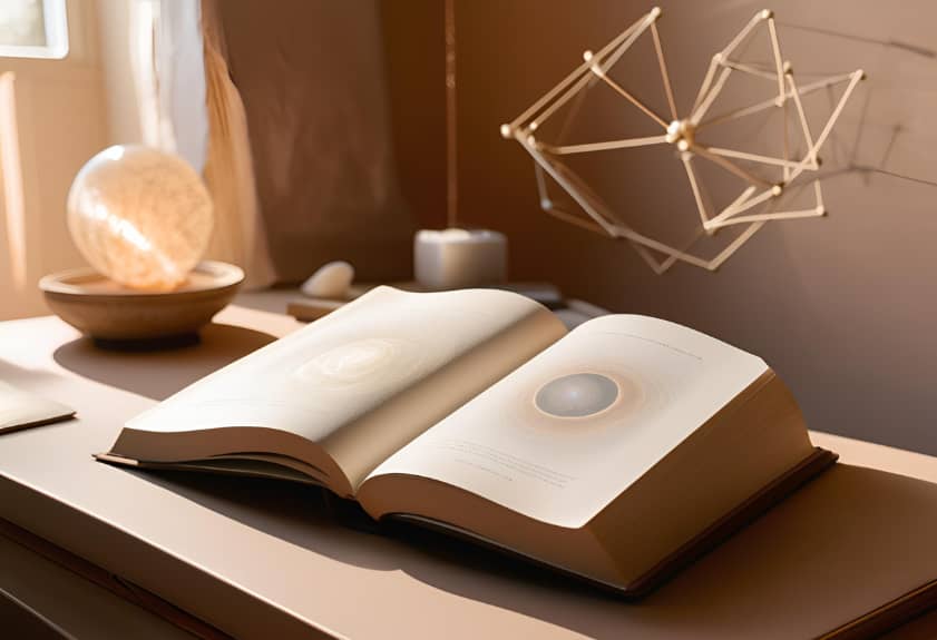 Open book on a table with a crystal sphere in the top left corner and a geometric shape hanging from the ceiling, symbolizing manifestation, the law of attraction, and visualization practices.