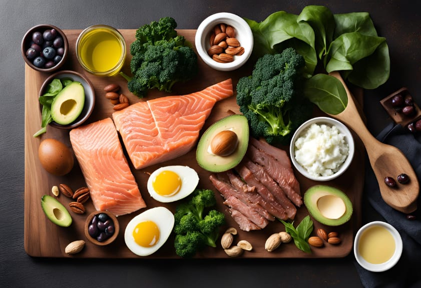 Wooden chopping board with keto-friendly foods including eggs, spinach, salmon, pork, olives, blueberries, cottage cheese, olive oil, broccoli, basil, and a variety of nuts.